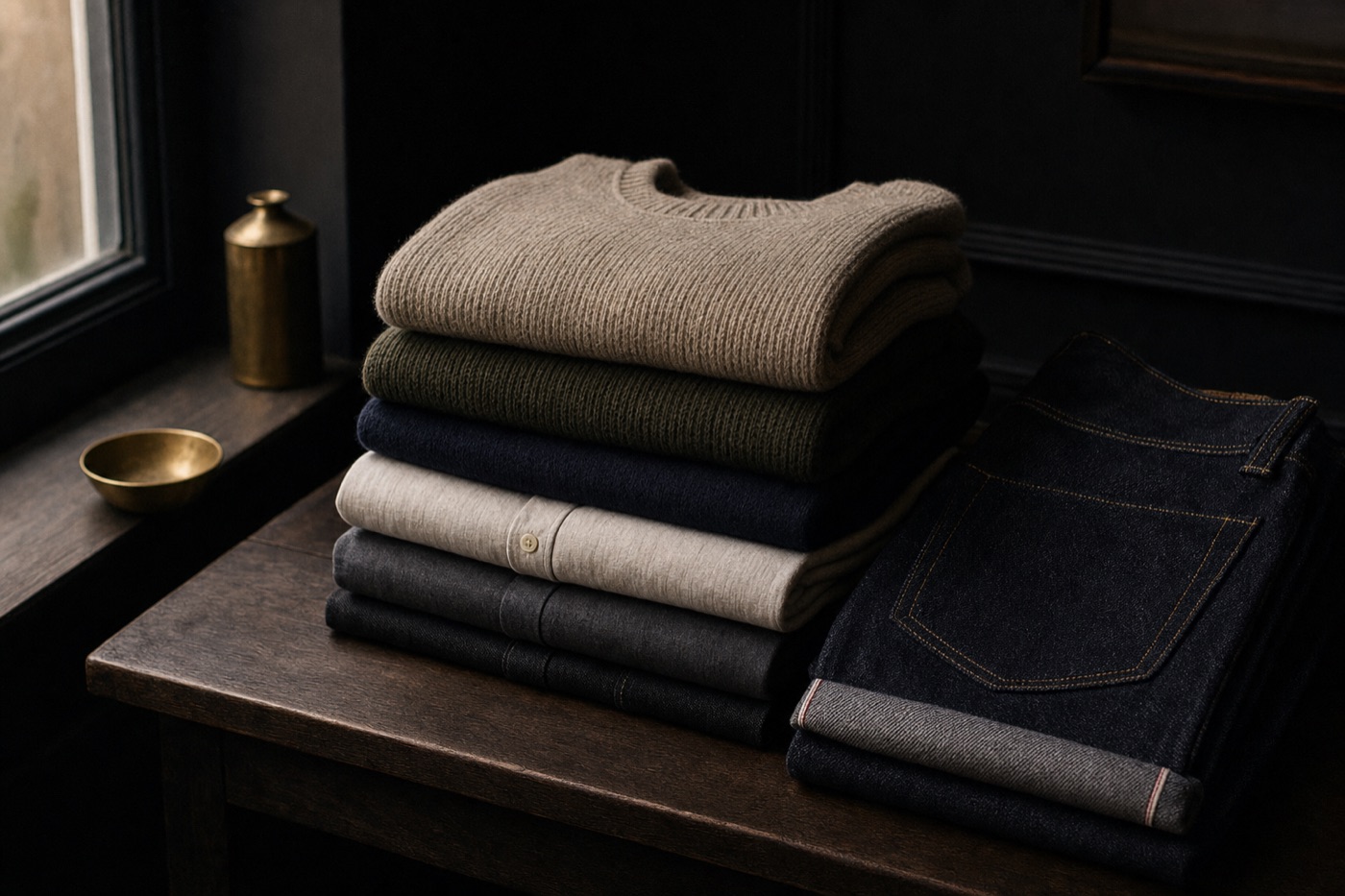 Folded knitwear and shirting in warm light