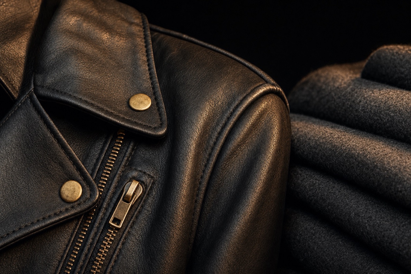 Close detail of a leather jacket and wool fabric