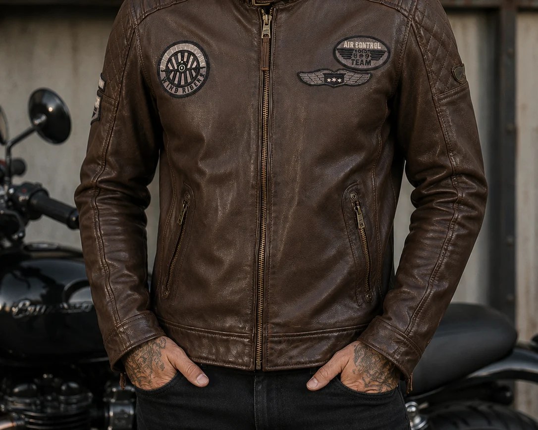 Close detail of a Mauritius leather biker jacket, patches, zip and stitching